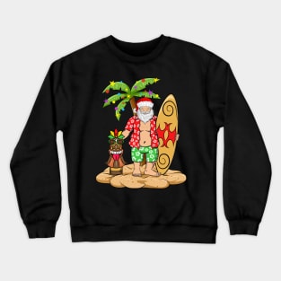 Hawaiian Christmas Santa with Surfboard and Tiki Crewneck Sweatshirt
